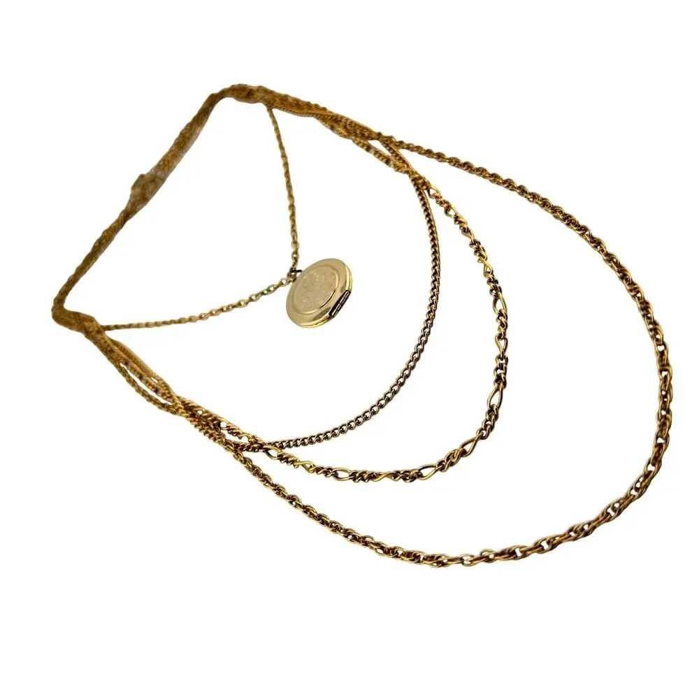 Vintage Monogram Locket Pendant Layered Multichain Gold Tone 19
